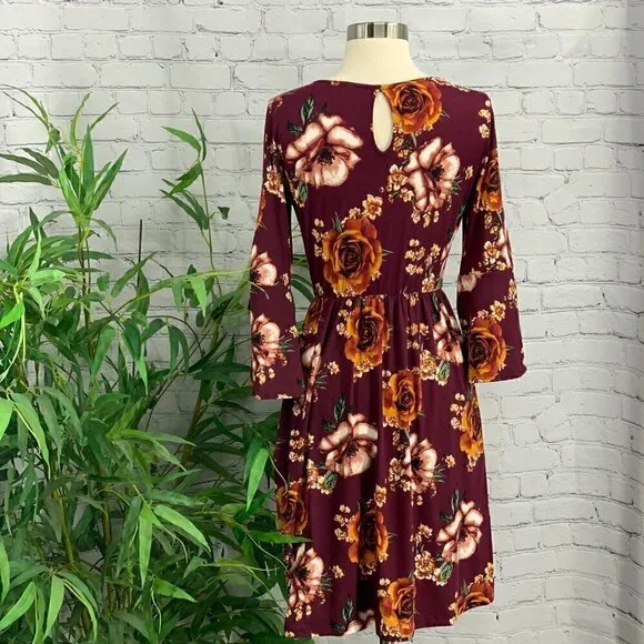 Gilli Maroon w/ Orange & Dusty Pink Floral Dress - Picture 3 of 7